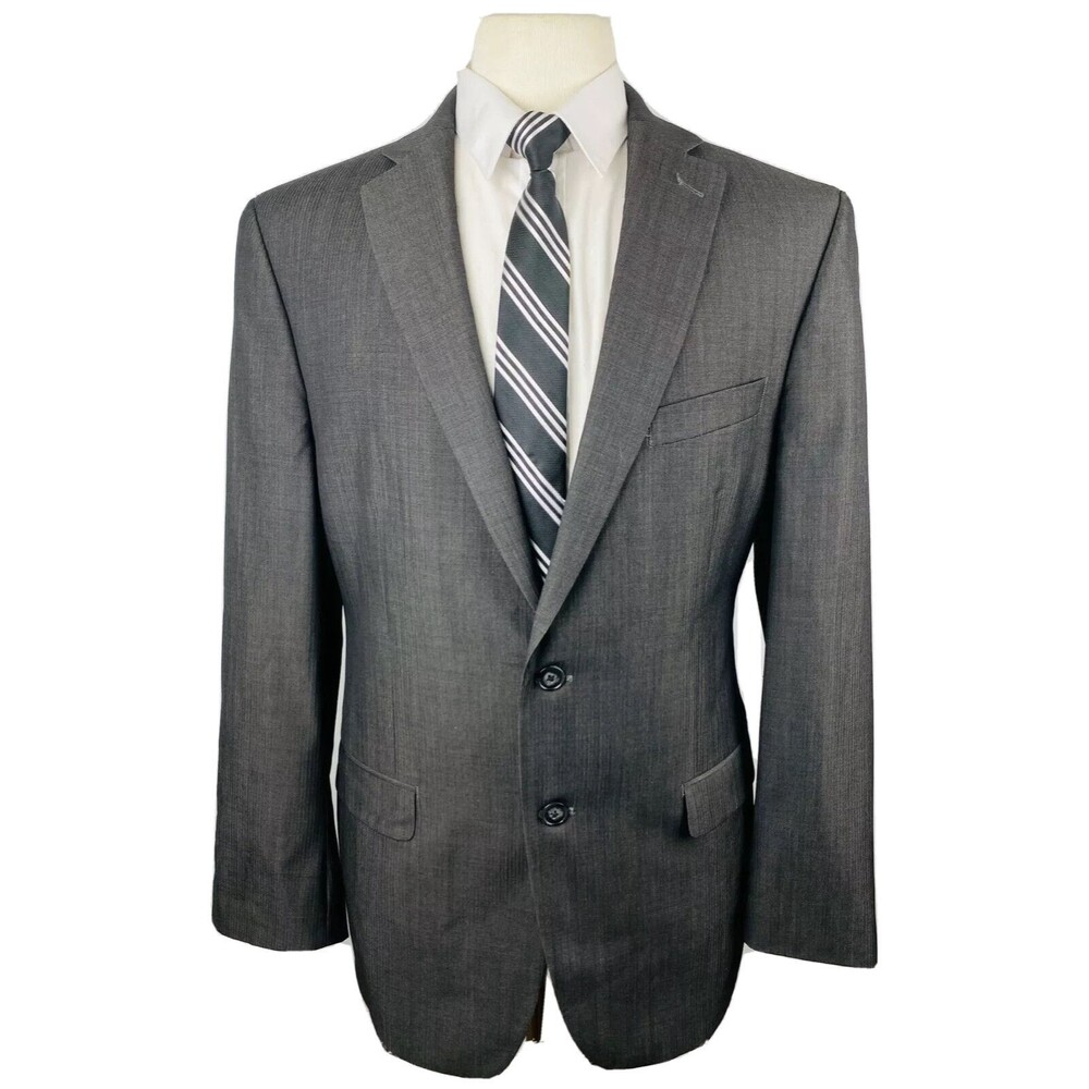 CALVIN KLEIN MENS 42R GRAY HERRINGBONE SLIM WOOL BLAZER SPORT COAT SUIT JACKET